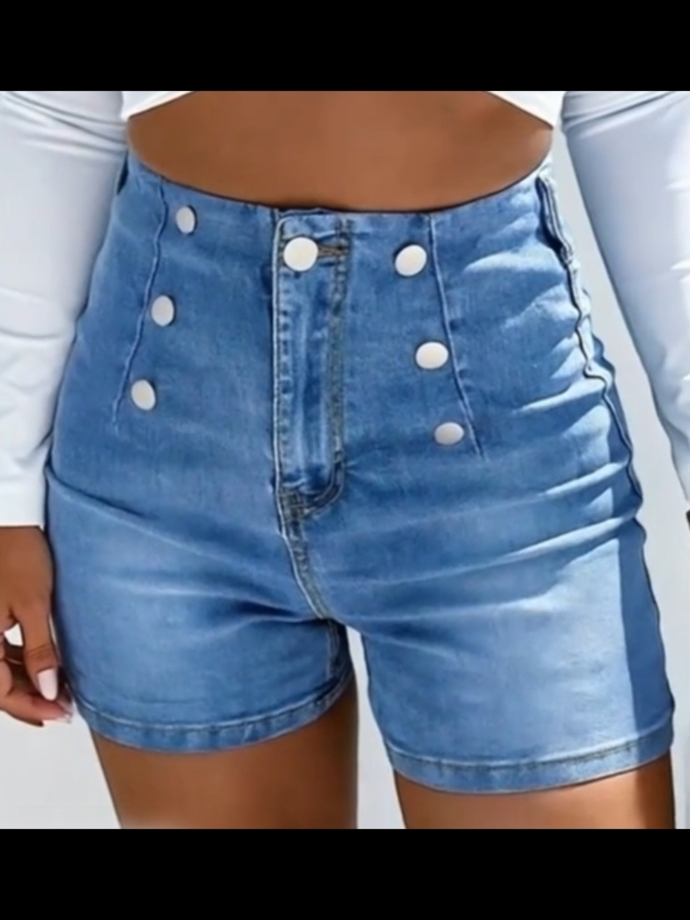 High-Rise Button-Front Denim Shorts - Blue